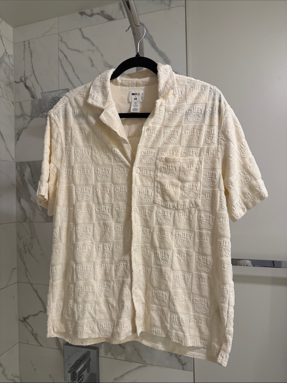 H&M Cream Short-Sleeve Embossed Smiley Button-Down Shirt